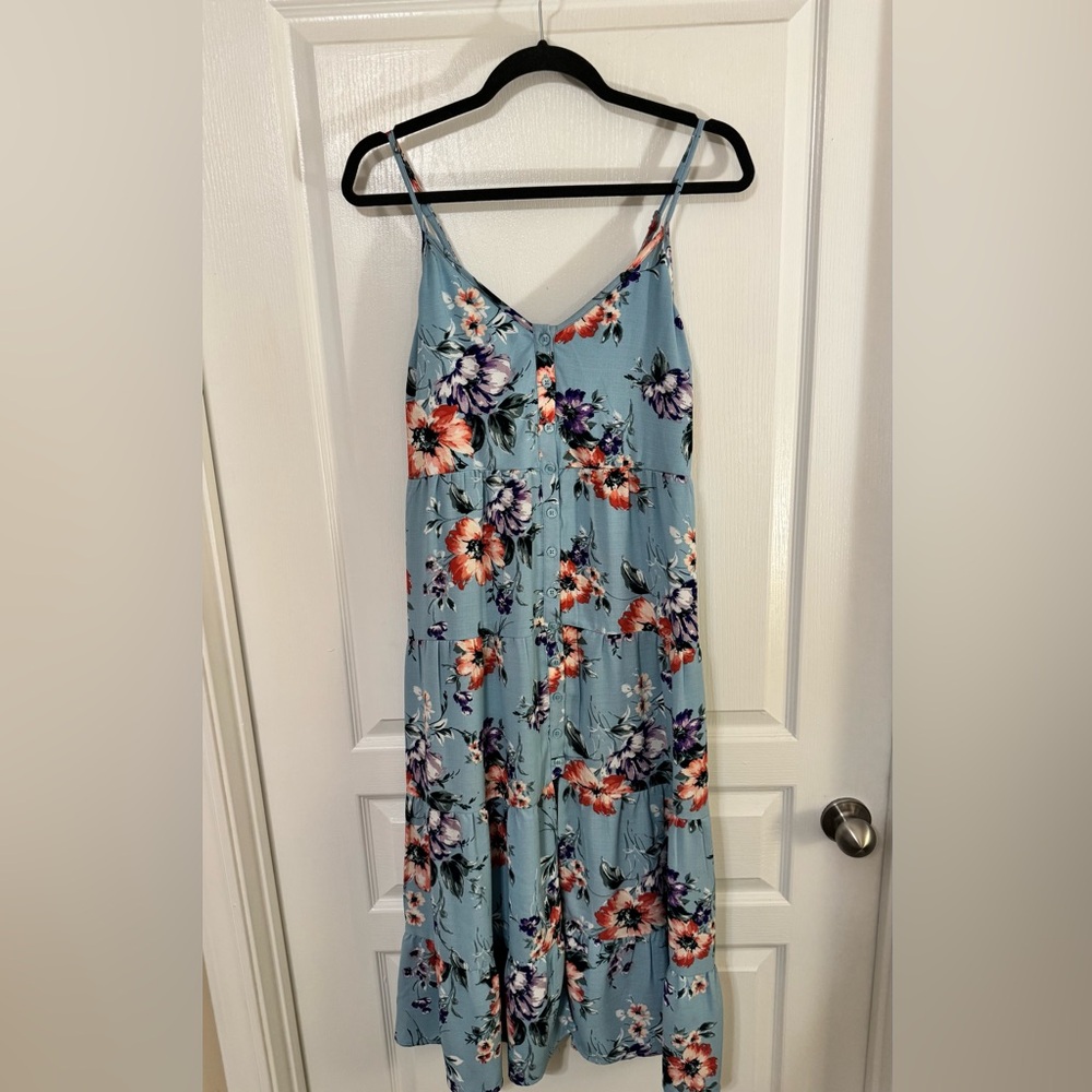 Xhilaration Women's Blue Floral Tiered Midi Dress Size Small